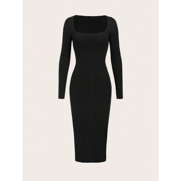 Minimalist Cotton Square Neck long sleeve Bodycon midi Dress - Picture 1 of 8
